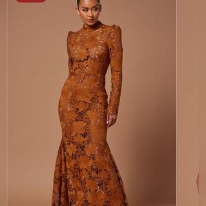 Elegant Brown Lace Evening Gown